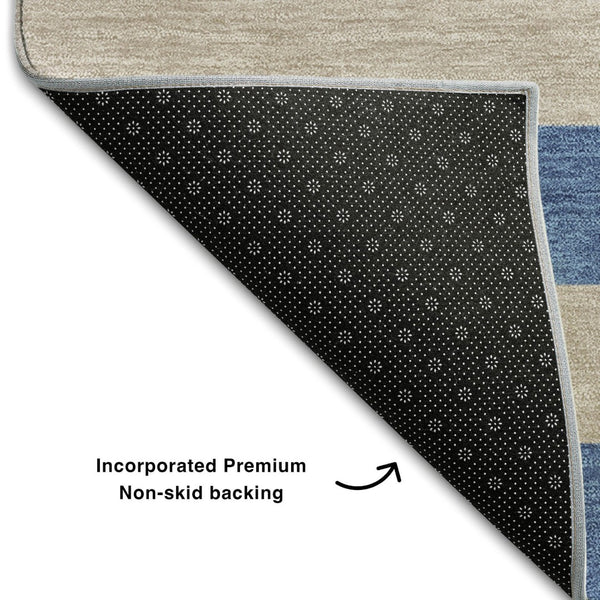HomeRoots 5' Tan and Blue Striped Washable Area Rug - Durable, UV-Protected, Perfect for Busy Homes & Outdoor Use 647772
