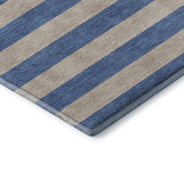 HomeRoots 5' Tan and Blue Striped Washable Area Rug - Durable, UV-Protected, Perfect for Busy Homes & Outdoor Use 647772