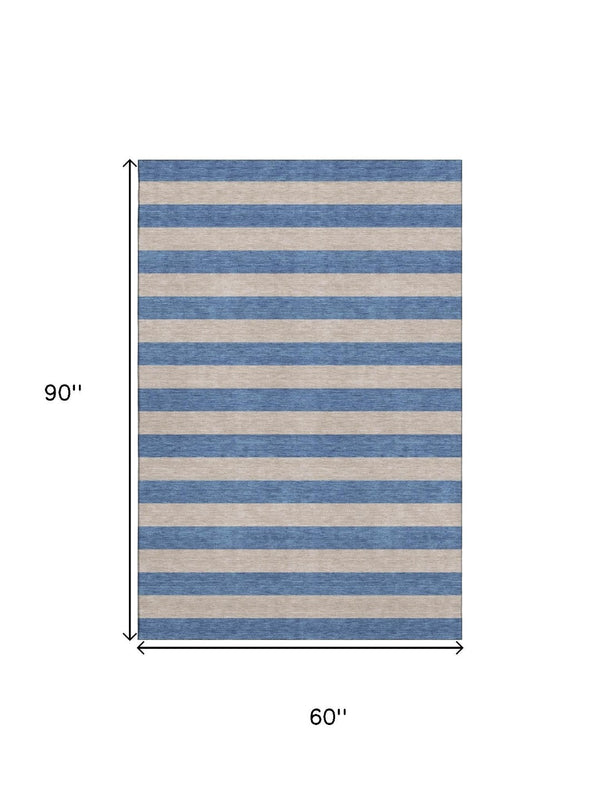 HomeRoots 5' Tan and Blue Striped Washable Area Rug - Durable, UV-Protected, Perfect for Busy Homes & Outdoor Use 647772