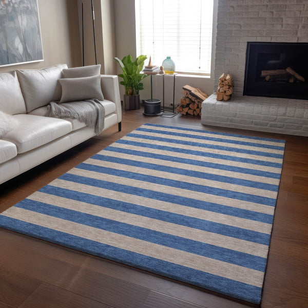 HomeRoots 5' Tan and Blue Striped Washable Area Rug - Durable, UV-Protected, Perfect for Busy Homes & Outdoor Use 647772