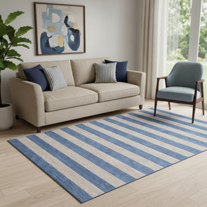 HomeRoots 5' Tan and Blue Striped Washable Area Rug - Durable, UV-Protected, Perfect for Busy Homes & Outdoor Use 647772