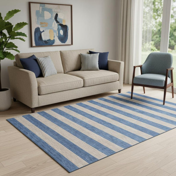 HomeRoots 5' Tan and Blue Striped Washable Area Rug - Durable, UV-Protected, Perfect for Busy Homes & Outdoor Use 647772