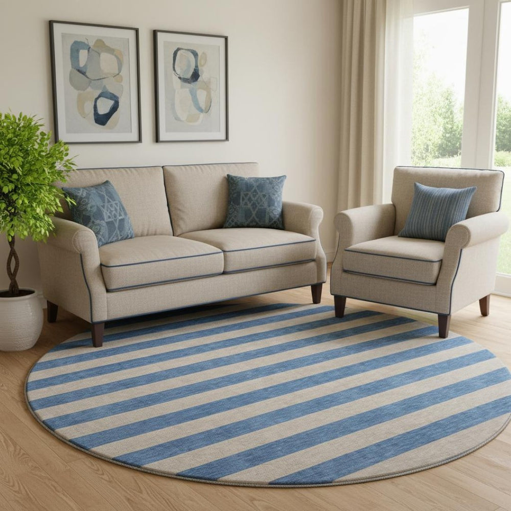 HomeRoots 8' Tan And Blue Striped Washable Round Rug – Durable, UV Protected, Stain Resistant for Busy Homes 647773