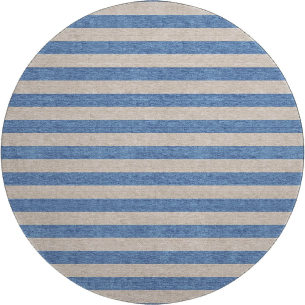 HomeRoots 8' Tan And Blue Striped Washable Round Rug – Durable, UV Protected, Stain Resistant for Busy Homes 647773