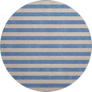 HomeRoots 8' Tan And Blue Striped Washable Round Rug – Durable, UV Protected, Stain Resistant for Busy Homes 647773
