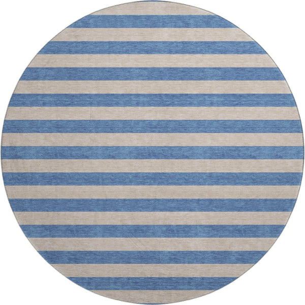 HomeRoots 8' Tan And Blue Striped Washable Round Rug – Durable, UV Protected, Stain Resistant for Busy Homes 647773