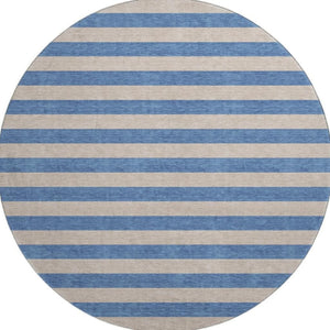 HomeRoots 8' Tan And Blue Striped Washable Round Rug – Durable, UV Protected, Stain Resistant for Busy Homes 647773
