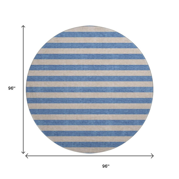 HomeRoots 8' Tan And Blue Striped Washable Round Rug – Durable, UV Protected, Stain Resistant for Busy Homes 647773