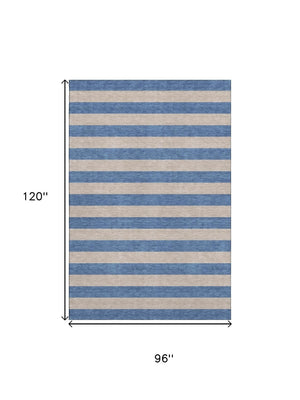 HomeRoots 8' X 10' Tan and Blue Striped Washable Area Rug - Durable, UV Protected, Stain Resistant for Homes 647774