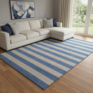 HomeRoots 8' X 10' Tan and Blue Striped Washable Area Rug - Durable, UV Protected, Stain Resistant for Homes 647774
