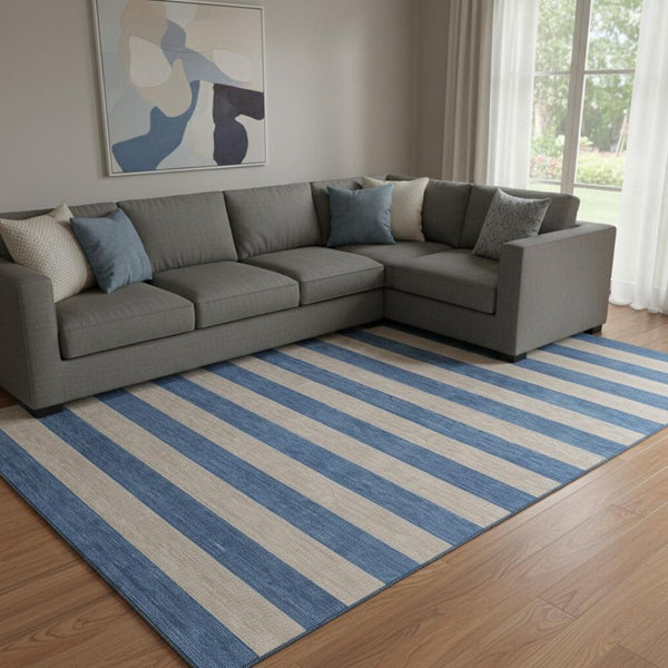 HomeRoots 9' X 12' Tan and Blue Striped Area Rug - Durable, Washable, Stain-Resistant with UV Protection! 647775