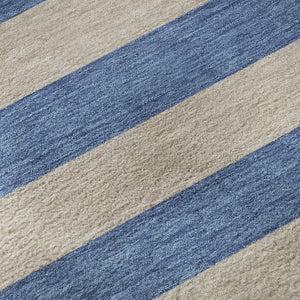 HomeRoots 10' X 14' Striped Washable Area Rug - Tan & Blue Design with UV Protection for High Traffic Areas 647776