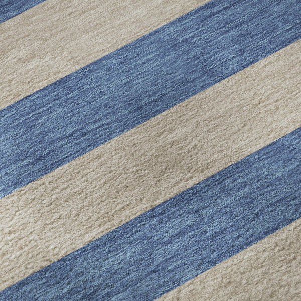 HomeRoots 10' X 14' Striped Washable Area Rug - Tan & Blue Design with UV Protection for High Traffic Areas 647776