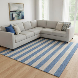 HomeRoots 10' X 14' Striped Washable Area Rug - Tan & Blue Design with UV Protection for High Traffic Areas 647776