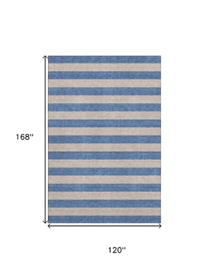 HomeRoots 10' X 14' Striped Washable Area Rug - Tan & Blue Design with UV Protection for High Traffic Areas 647776
