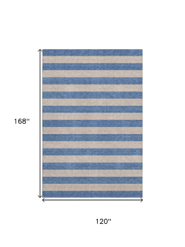 HomeRoots 10' X 14' Striped Washable Area Rug - Tan & Blue Design with UV Protection for High Traffic Areas 647776
