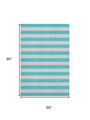HomeRoots 5' X 8' Turquoise and Ivory Striped Washable Area Rug – Durable, UV-Protected, Coastal Home Decor 647778