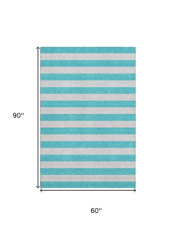 HomeRoots 5' X 8' Turquoise and Ivory Striped Washable Area Rug – Durable, UV-Protected, Coastal Home Decor 647778