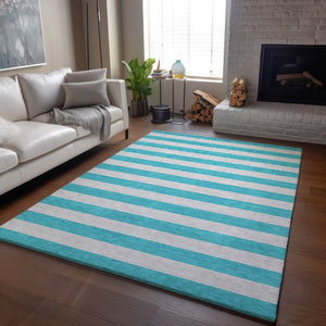 HomeRoots 5' X 8' Turquoise and Ivory Striped Washable Area Rug – Durable, UV-Protected, Coastal Home Decor 647778