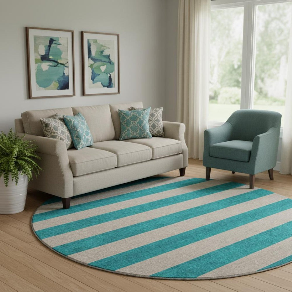 HomeRoots 8' Turquoise and Ivory Striped Round Rug – Washable, UV-Protected, Durable for High-Traffic Homes 647779