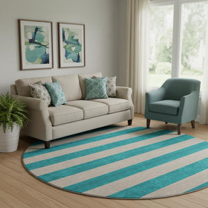 HomeRoots 8' Turquoise and Ivory Striped Round Rug – Washable, UV-Protected, Durable for High-Traffic Homes 647779