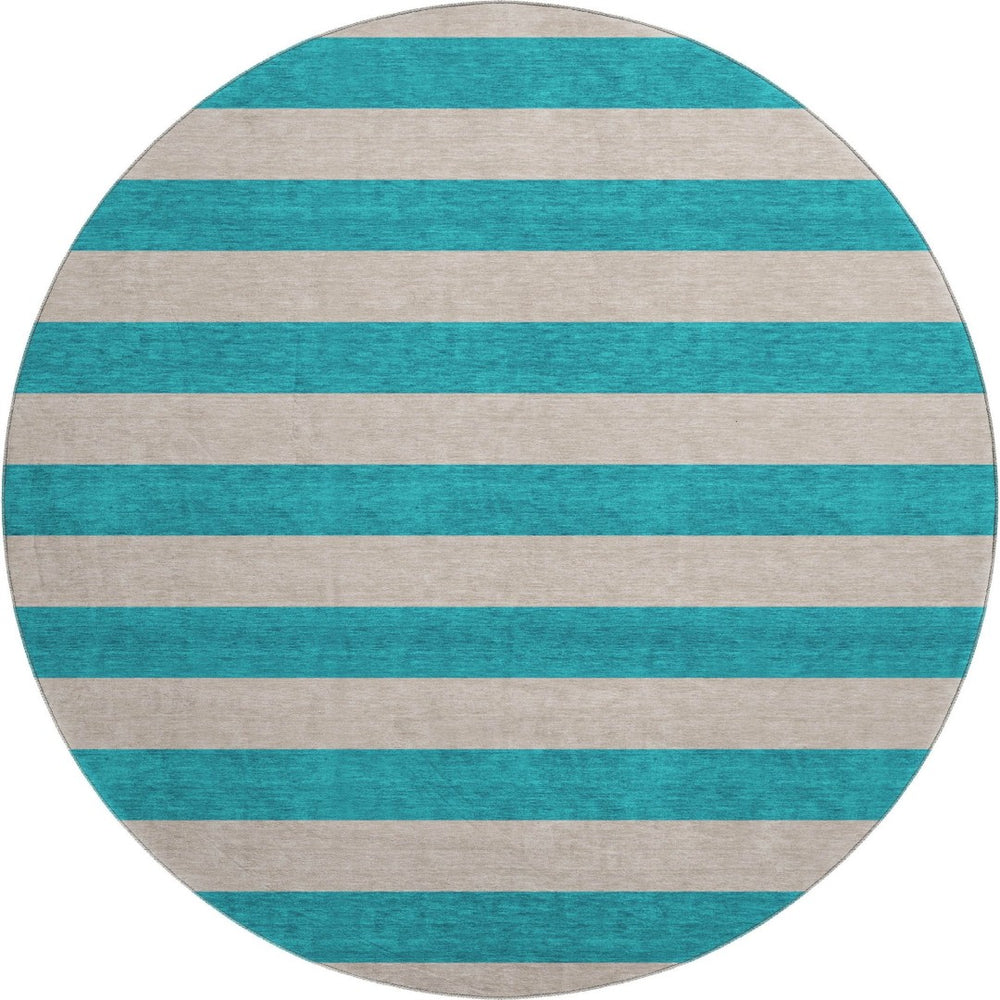 HomeRoots 8' Turquoise and Ivory Striped Round Rug – Washable, UV-Protected, Durable for High-Traffic Homes 647779