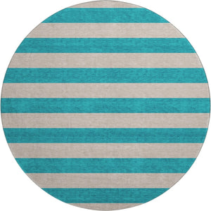 HomeRoots 8' Turquoise and Ivory Striped Round Rug – Washable, UV-Protected, Durable for High-Traffic Homes 647779