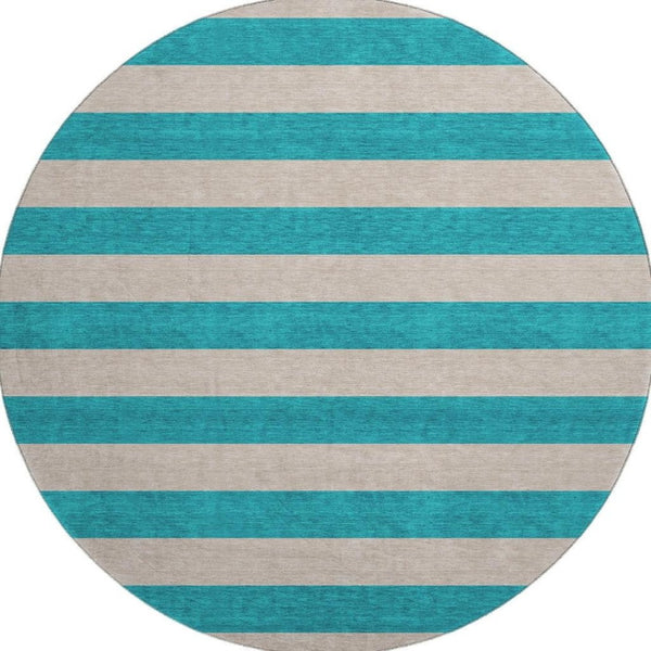 HomeRoots 8' Turquoise and Ivory Striped Round Rug – Washable, UV-Protected, Durable for High-Traffic Homes 647779