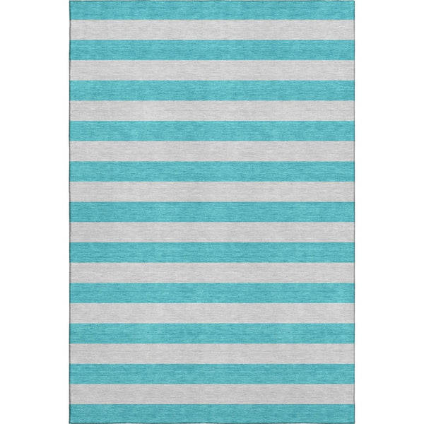 HomeRoots 8' X 10' Turquoise & Ivory Striped Washable Area Rug - UV Protected, Stain-Resistant for Any Room 647780