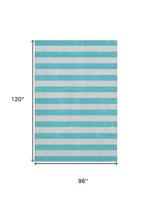 HomeRoots 8' X 10' Turquoise & Ivory Striped Washable Area Rug - UV Protected, Stain-Resistant for Any Room 647780