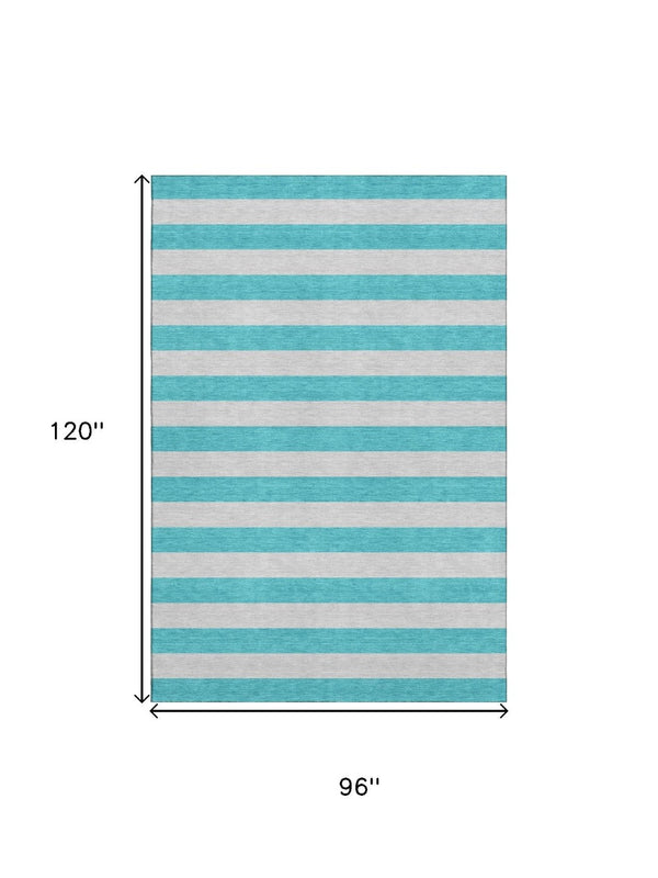 HomeRoots 8' X 10' Turquoise & Ivory Striped Washable Area Rug - UV Protected, Stain-Resistant for Any Room 647780