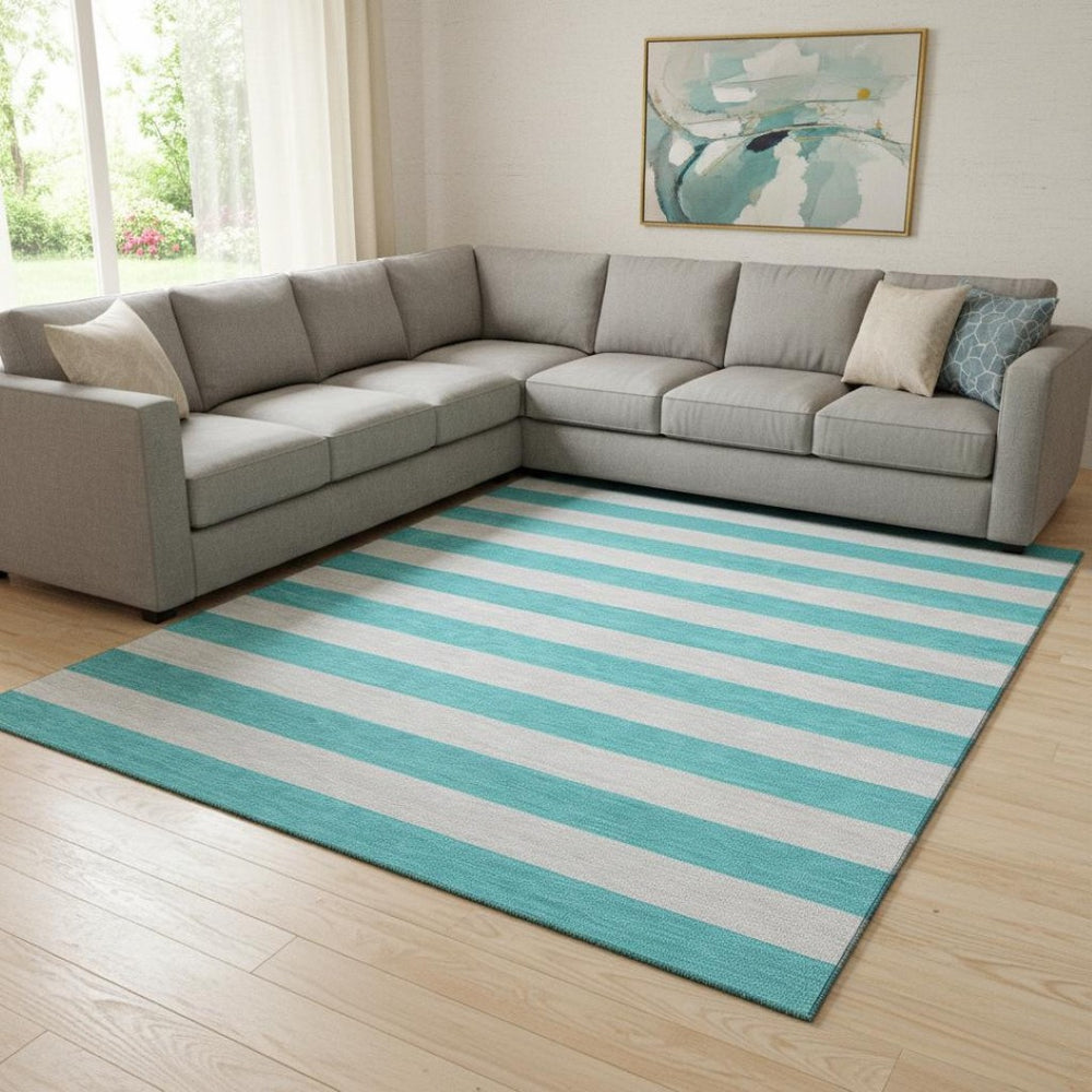 HomeRoots 8' X 10' Turquoise & Ivory Striped Washable Area Rug - UV Protected, Stain-Resistant for Any Room 647780