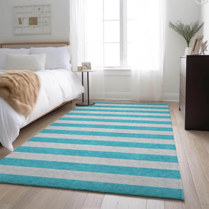 HomeRoots 9' X 12' Turquoise & Ivory Striped Area Rug - Washable, UV-Protected, Durable for Busy Homes 647781