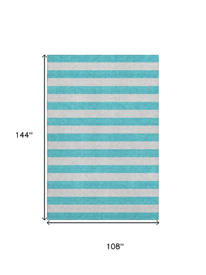 HomeRoots 9' X 12' Turquoise & Ivory Striped Area Rug - Washable, UV-Protected, Durable for Busy Homes 647781