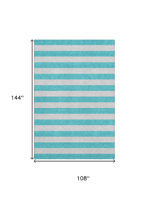 HomeRoots 9' X 12' Turquoise & Ivory Striped Area Rug - Washable, UV-Protected, Durable for Busy Homes 647781