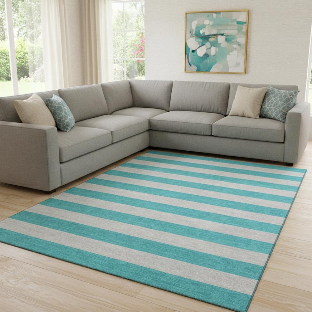 HomeRoots 9' X 12' Turquoise & Ivory Striped Area Rug - Washable, UV-Protected, Durable for Busy Homes 647781
