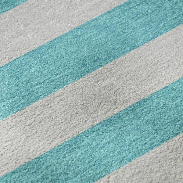 HomeRoots 10' X 14' Turquoise & Ivory Striped Washable Area Rug – UV Protected, Stain Resistant & Easy Care! 647782