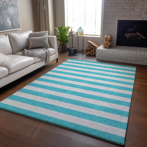 HomeRoots 10' X 14' Turquoise & Ivory Striped Washable Area Rug – UV Protected, Stain Resistant & Easy Care! 647782