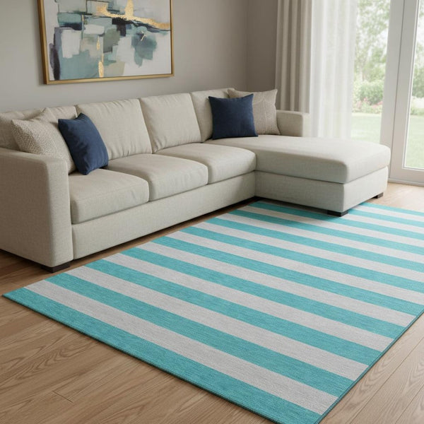 HomeRoots 10' X 14' Turquoise & Ivory Striped Washable Area Rug – UV Protected, Stain Resistant & Easy Care! 647782