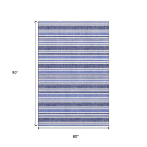 HomeRoots 5' X 8' Stylish Blue and Ivory Striped Washable Area Rug with UV Protection for Busy Homes 647784