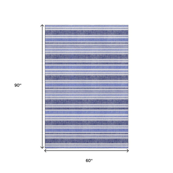 HomeRoots 5' X 8' Stylish Blue and Ivory Striped Washable Area Rug with UV Protection for Busy Homes 647784