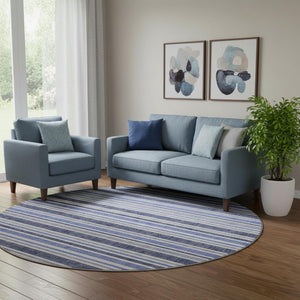 HomeRoots 8' Blue And Ivory Striped Round Rug - Washable, UV-Protected, Stain-Resistant for Busy Homes 647785