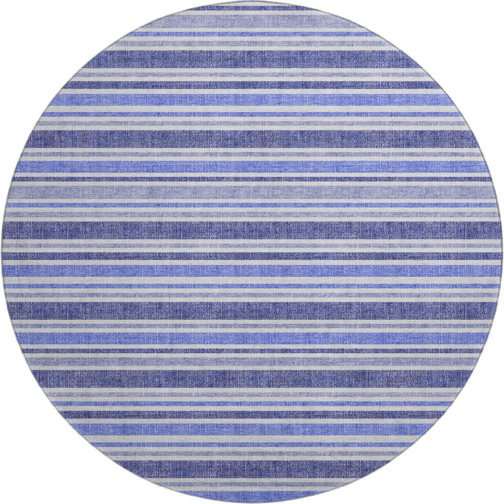 HomeRoots 8' Blue And Ivory Striped Round Rug - Washable, UV-Protected, Stain-Resistant for Busy Homes 647785