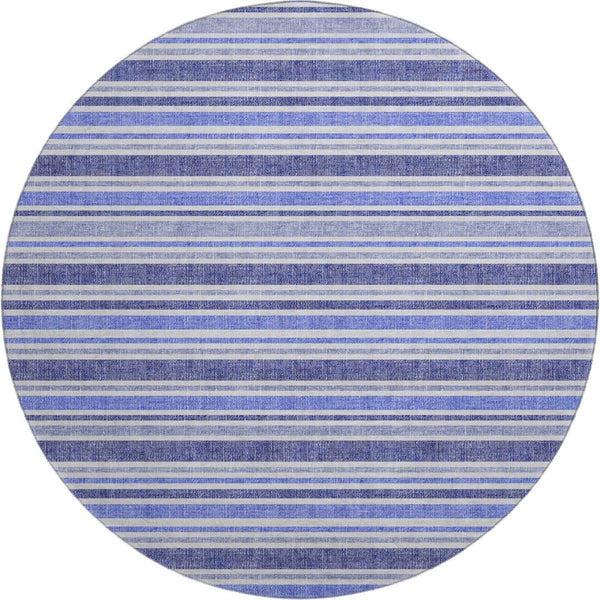 HomeRoots 8' Blue And Ivory Striped Round Rug - Washable, UV-Protected, Stain-Resistant for Busy Homes 647785