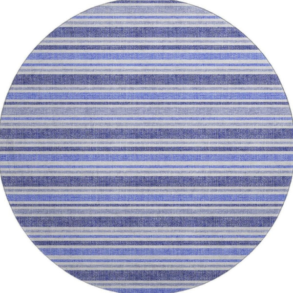 HomeRoots 8' Blue And Ivory Striped Round Rug - Washable, UV-Protected, Stain-Resistant for Busy Homes 647785