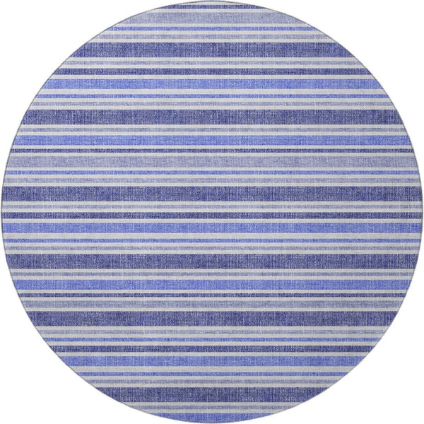HomeRoots 8' Blue And Ivory Striped Round Rug - Washable, UV-Protected, Stain-Resistant for Busy Homes 647785