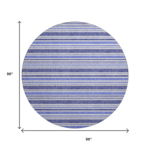 HomeRoots 8' Blue And Ivory Striped Round Rug - Washable, UV-Protected, Stain-Resistant for Busy Homes 647785