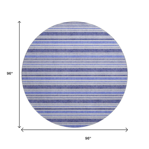 HomeRoots 8' Blue And Ivory Striped Round Rug - Washable, UV-Protected, Stain-Resistant for Busy Homes 647785