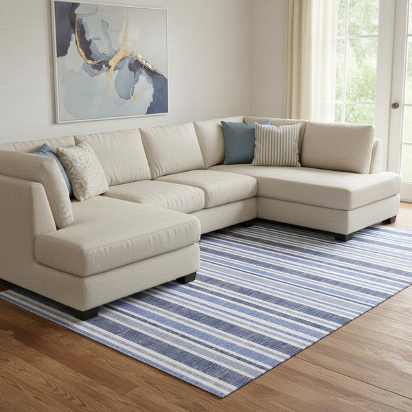 HomeRoots 8' X 10' Coastal Blue & Ivory Striped Washable Area Rug with UV Protection for High-Traffic Spaces 647786