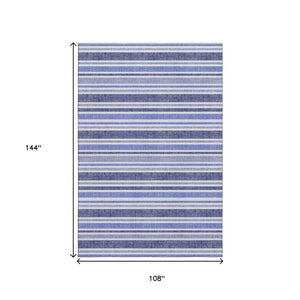 HomeRoots 9' X 12' Striped Blue and Ivory Washable Area Rug with UV Protection for Homes with Kids & Pets 647787